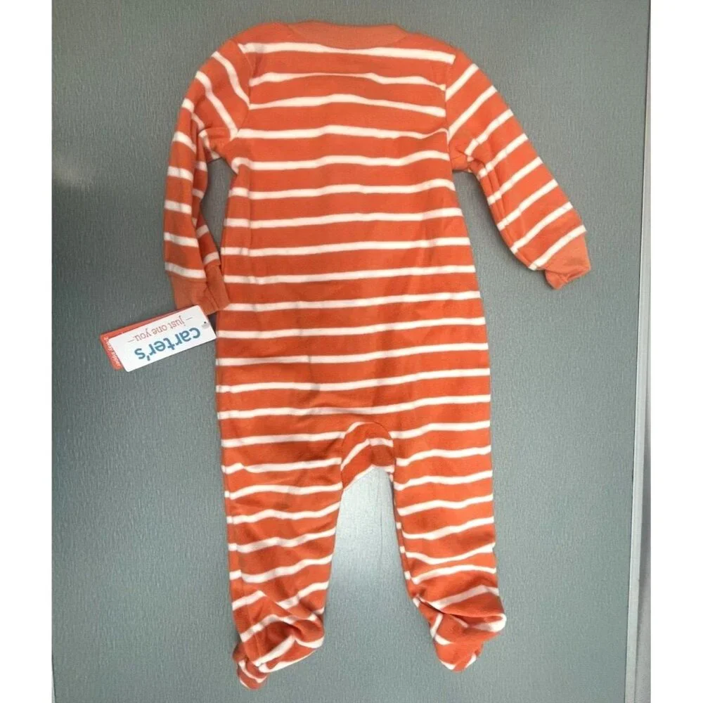 Carters Romper Baby Halloween Footed Orange Stripe Pumpkin Face Fleece Zipper 6M